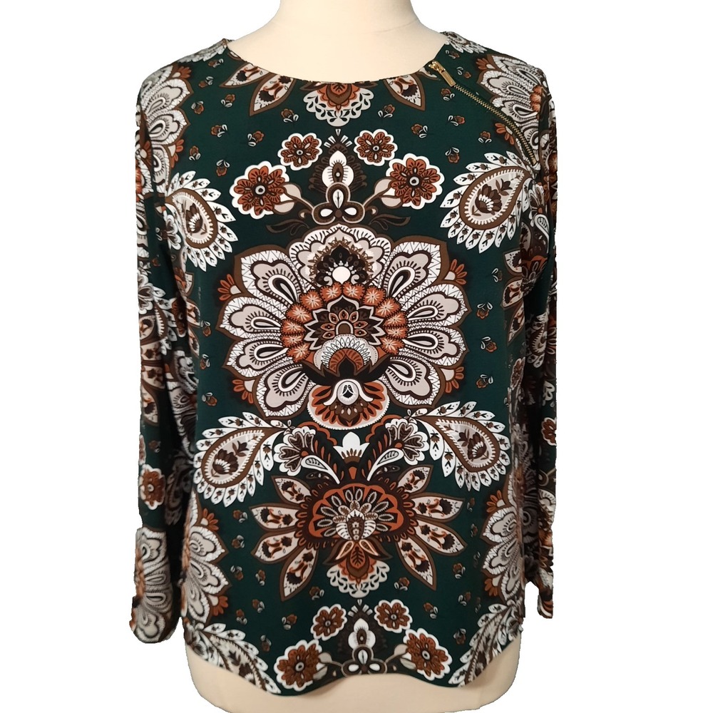 Calvin Klein Top Dark Green Paisley Floral Womens 1X Boho Artsy Office Career